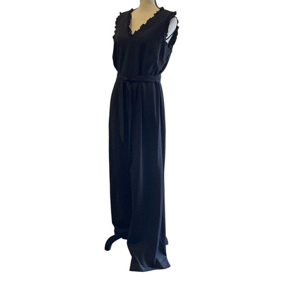 Emma & Michele Pants - Emma & Michele Womens V Neck Ruffle Jumpsuit Size 10 Black Zipper Tie